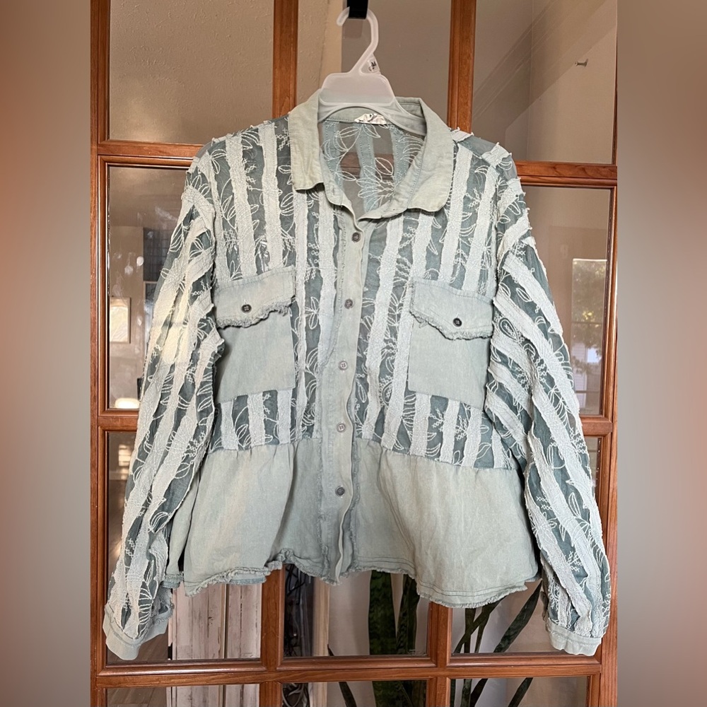 POL denim and lace button up